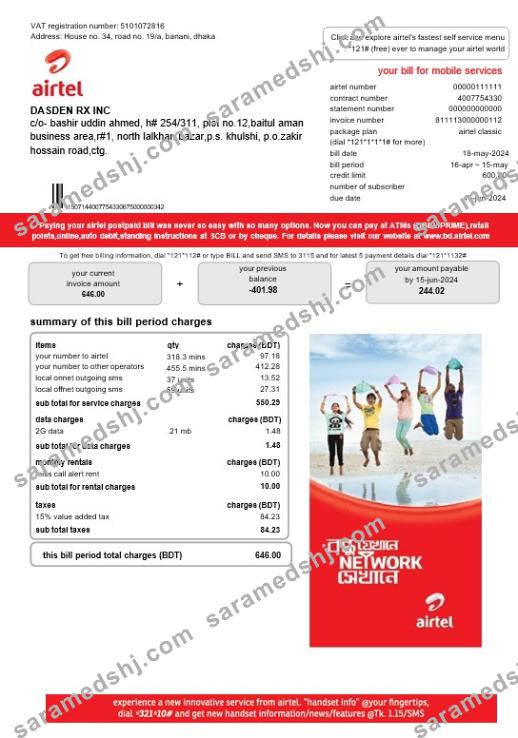 India Airtel telecommunication services business utility bill template in Word and PDF formats